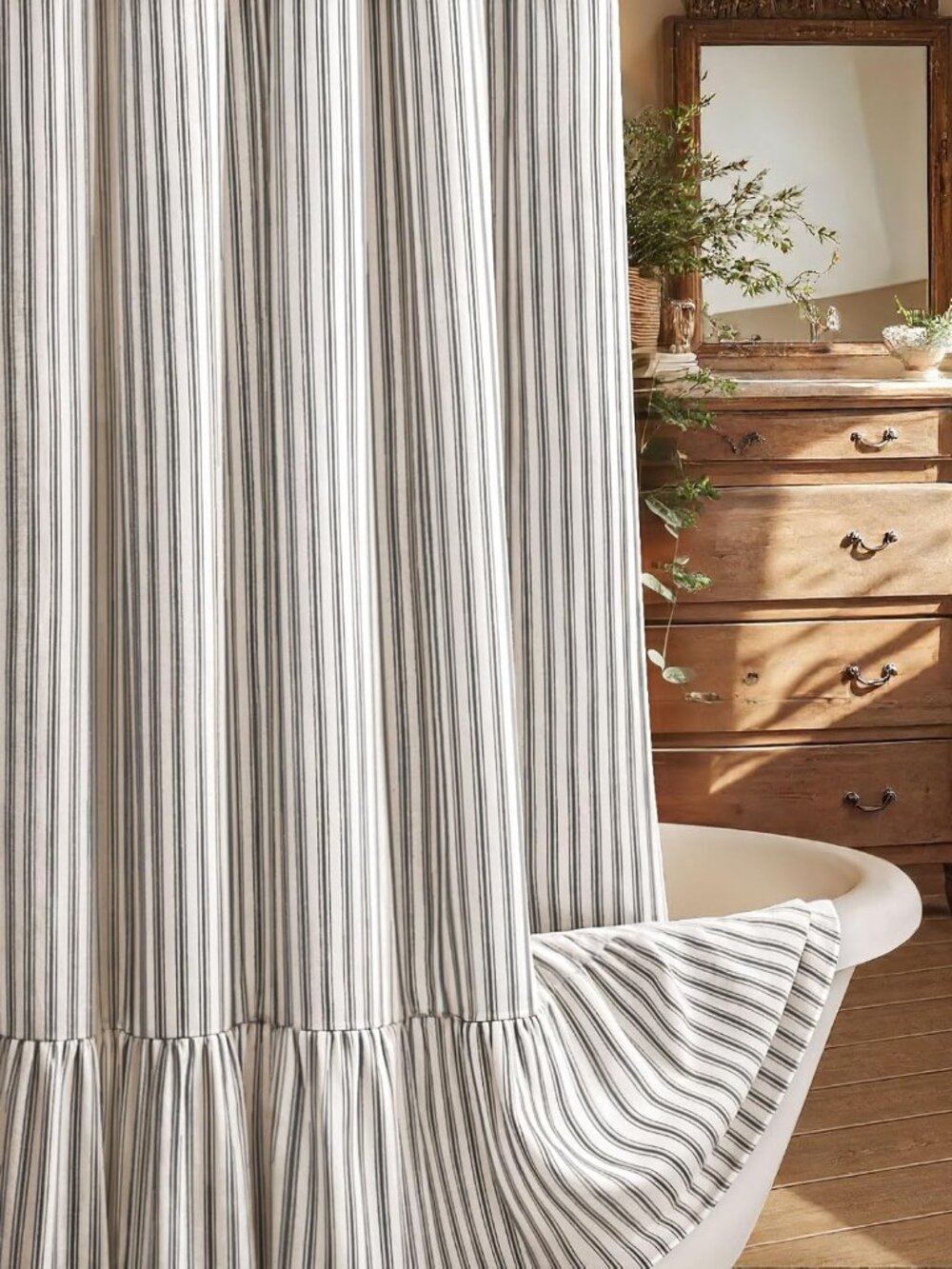 Farmhouse Shower Curtain Ruffle Linen Cream-Black Stripe 72"W x 72"L